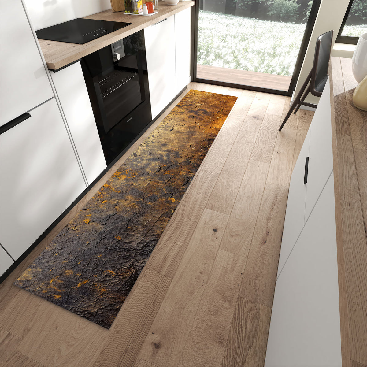 Langlebiger Küchenläufer mit Motiv Golden Texture in moderner Küche