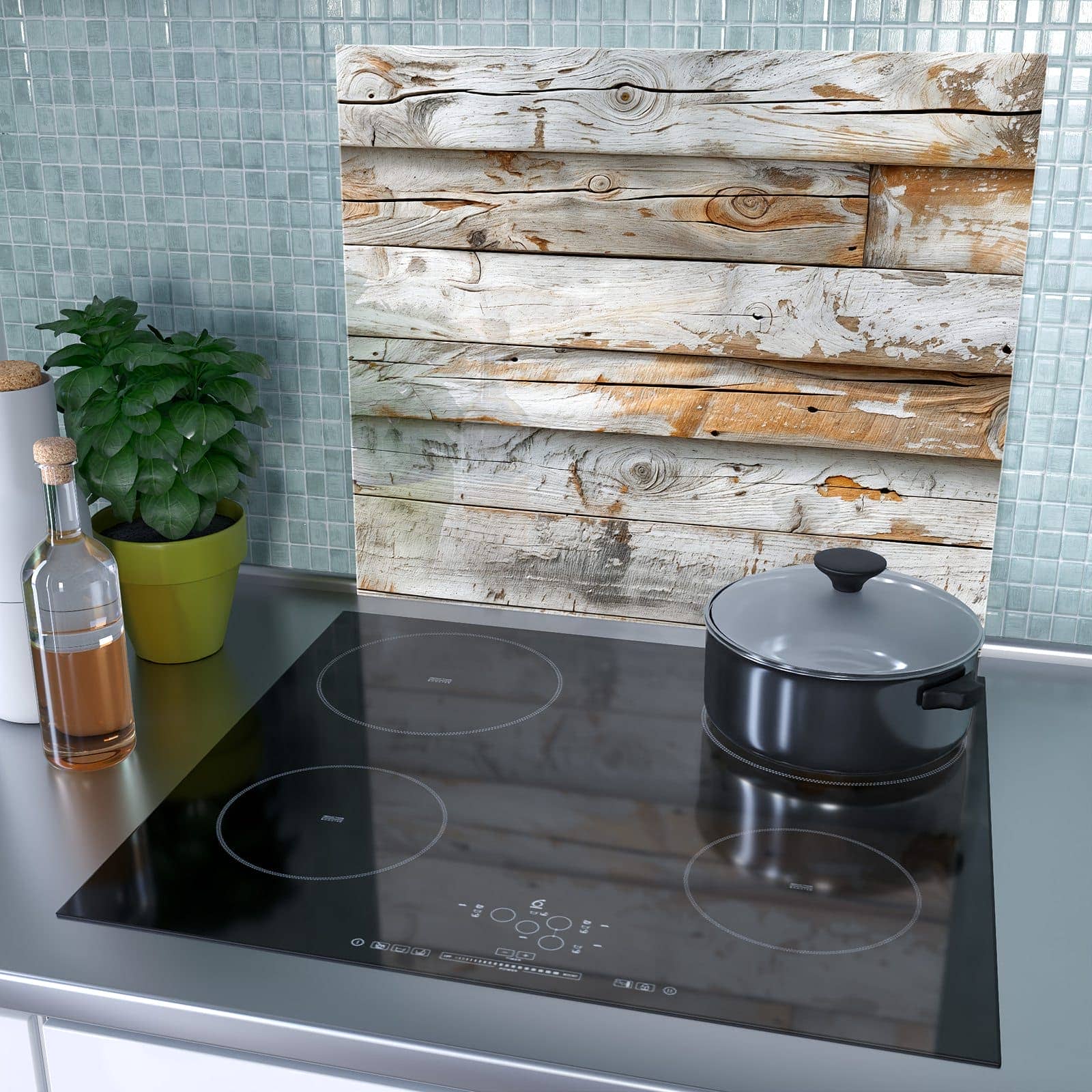 1-teilige Herdabdeckplatte mit Verwittertes Holz Brettpanel-Motiv als Spritzschutz hinter dem Kochfeld