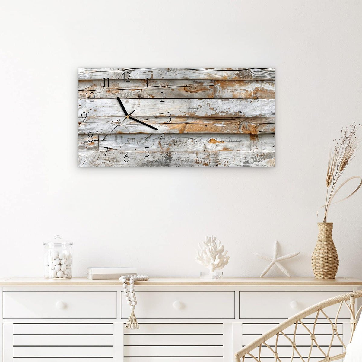 Wanduhr Verwittertes Holz Brettpanel aus Glas – Querformat 60 × 30 cm – Weiß bemaltes, verwittertes Holz