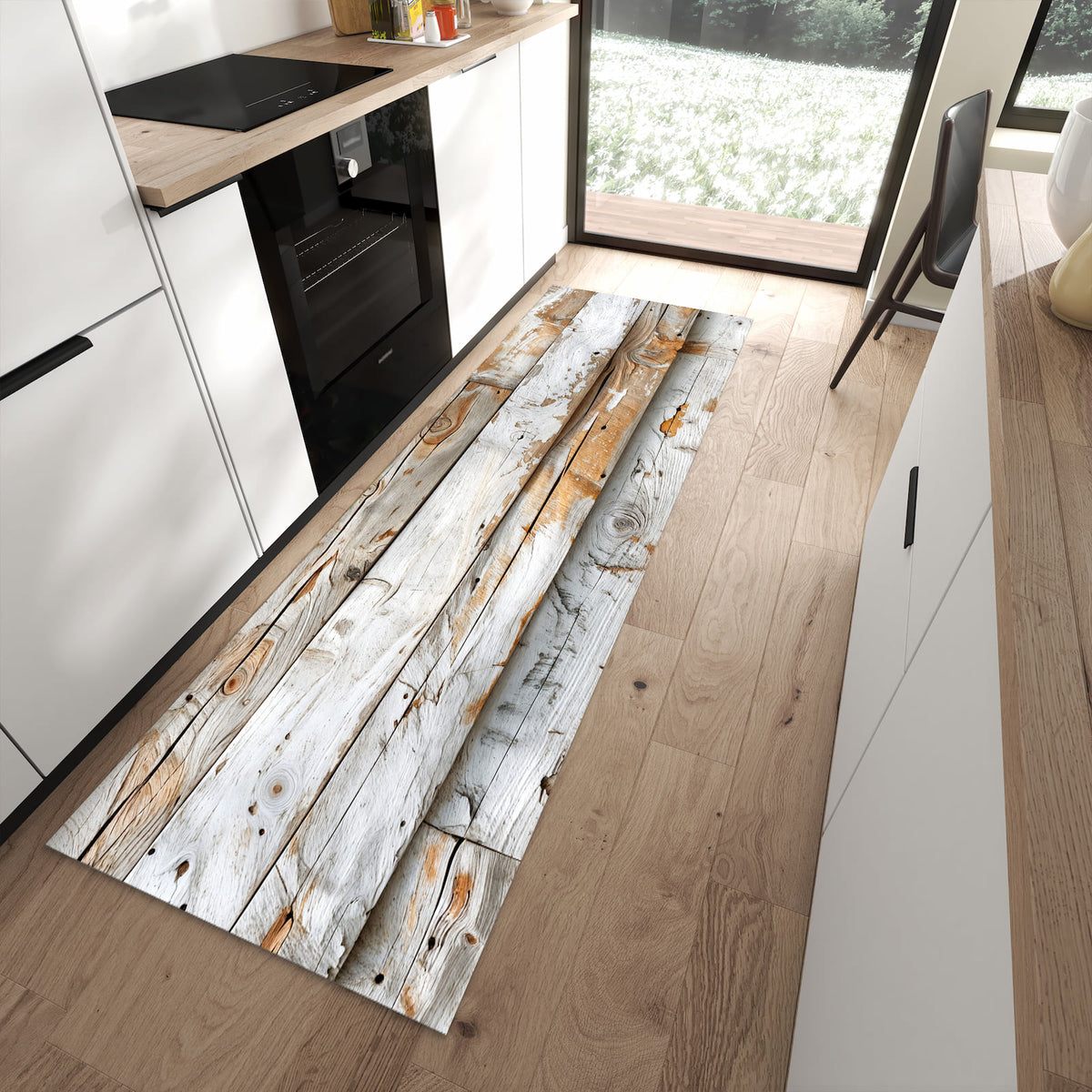 Zeitsparender rutschfester Küchenläufer mit Motiv Verwittertes Holz Brettpanel in moderner Küche