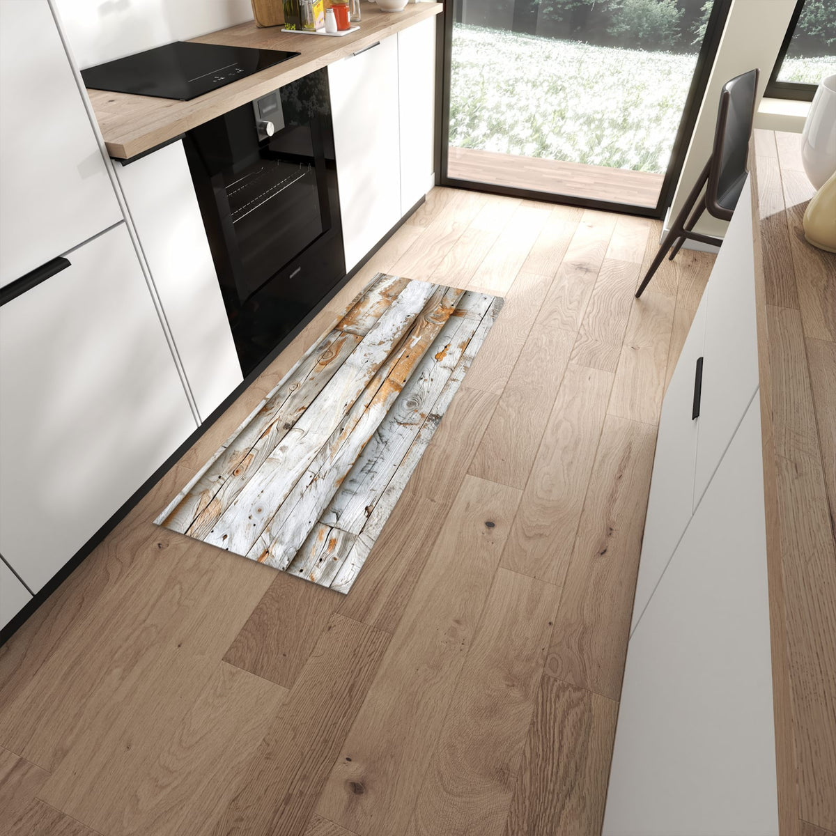 Feuchtigkeitsresistenter Küchenteppich mit Motiv Verwittertes Holz Brettpanel in moderner Küche #grösse_60 x 150 cm