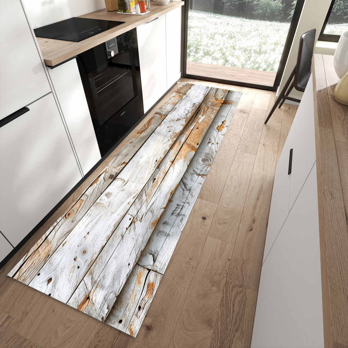 Geräuschdämpfender waschbarer Küchenläufer mit Motiv Verwittertes Holz Brettpanel in moderner Küche