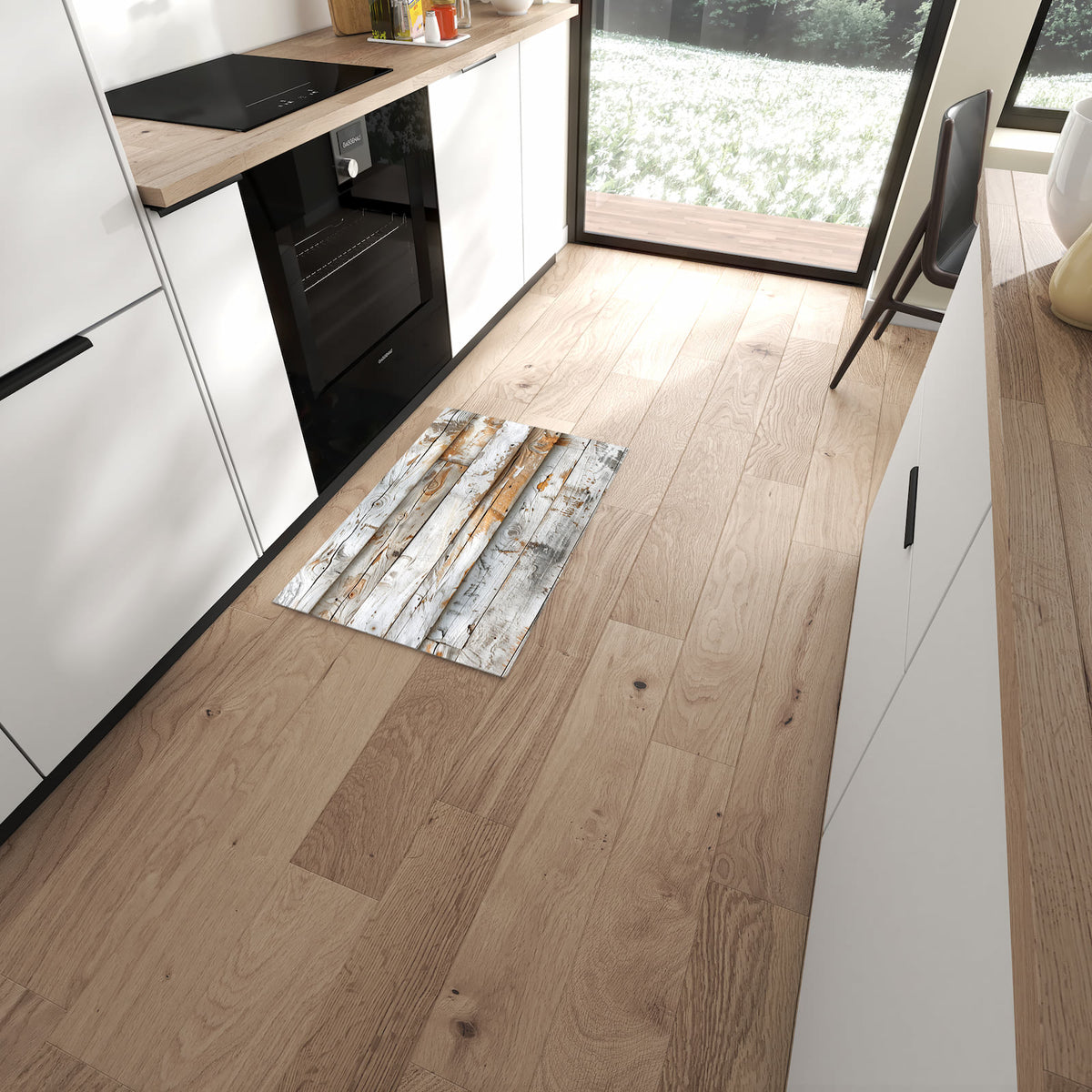 Formstabiler rutschfester Küchenläufer mit Motiv Verwittertes Holz Brettpanel in moderner Küche