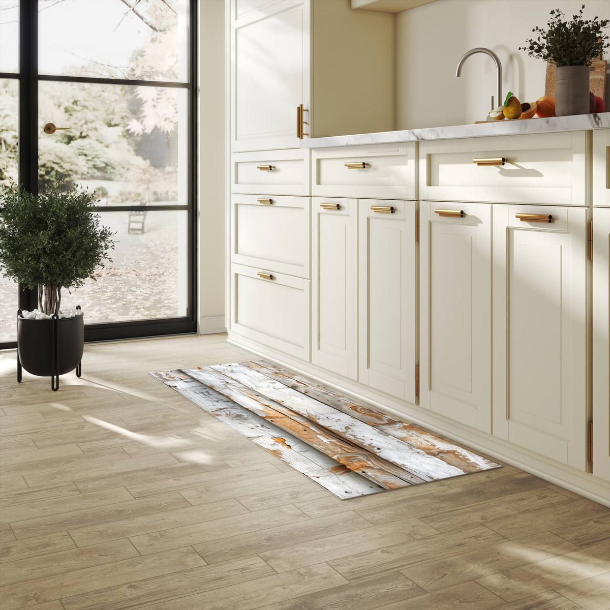 Formstabiler Küchenläufer mit Motiv Verwittertes Holz Brettpanel in heller Küche