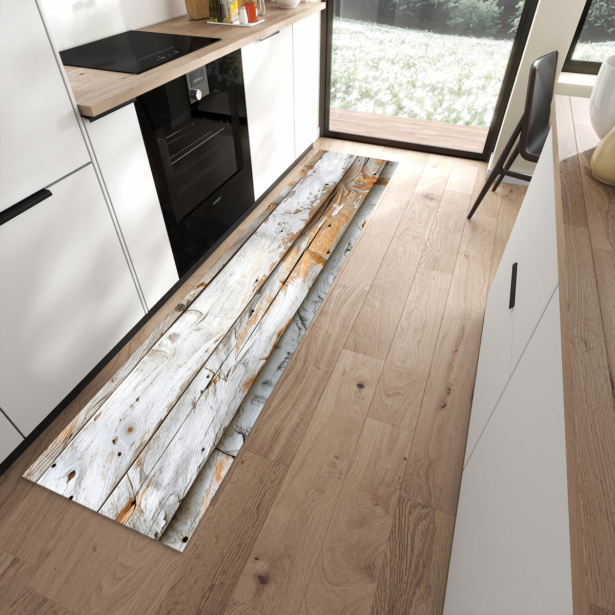 Bodenschonender Küchenläufer mit Motiv Verwittertes Holz Brettpanel in moderner Küche