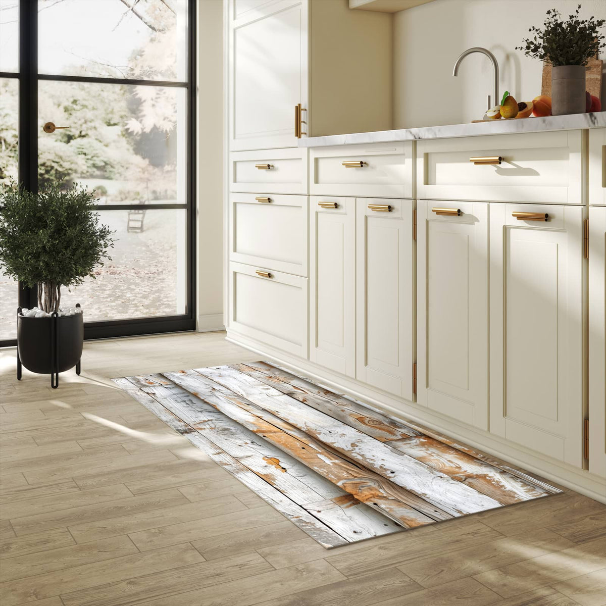 UV-beständiger Teppichläufer mit Motiv Verwittertes Holz Brettpanel in heller Küche