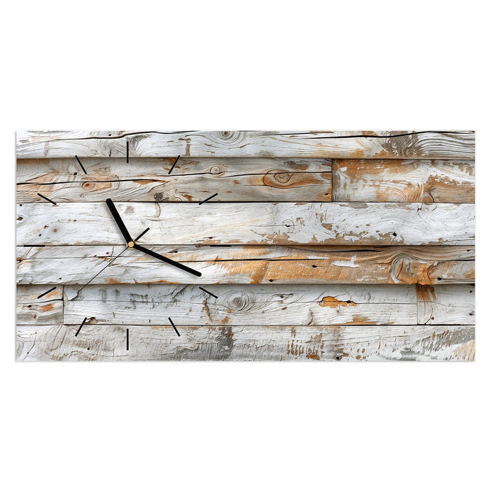Wanduhr Verwittertes Holz Brettpanel aus Glas – Querformat 60 × 30 cm mit Ziffernblatt Linie