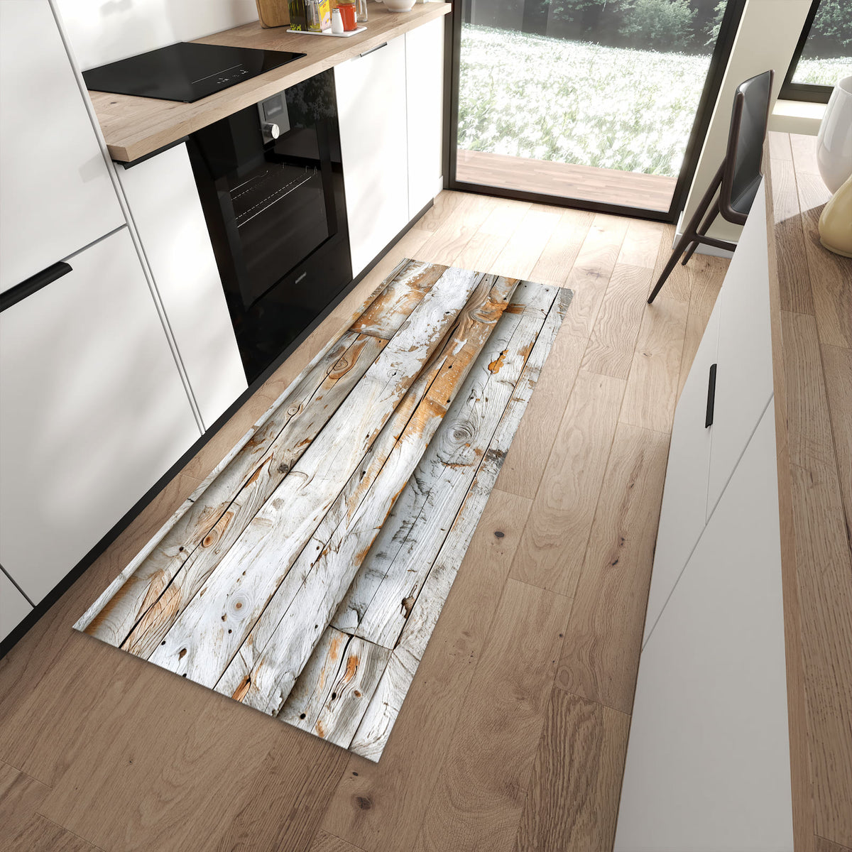 Rutschfester Küchenläufer mit Motiv Verwittertes Holz Brettpanel für sicheren Stand in moderner Küche