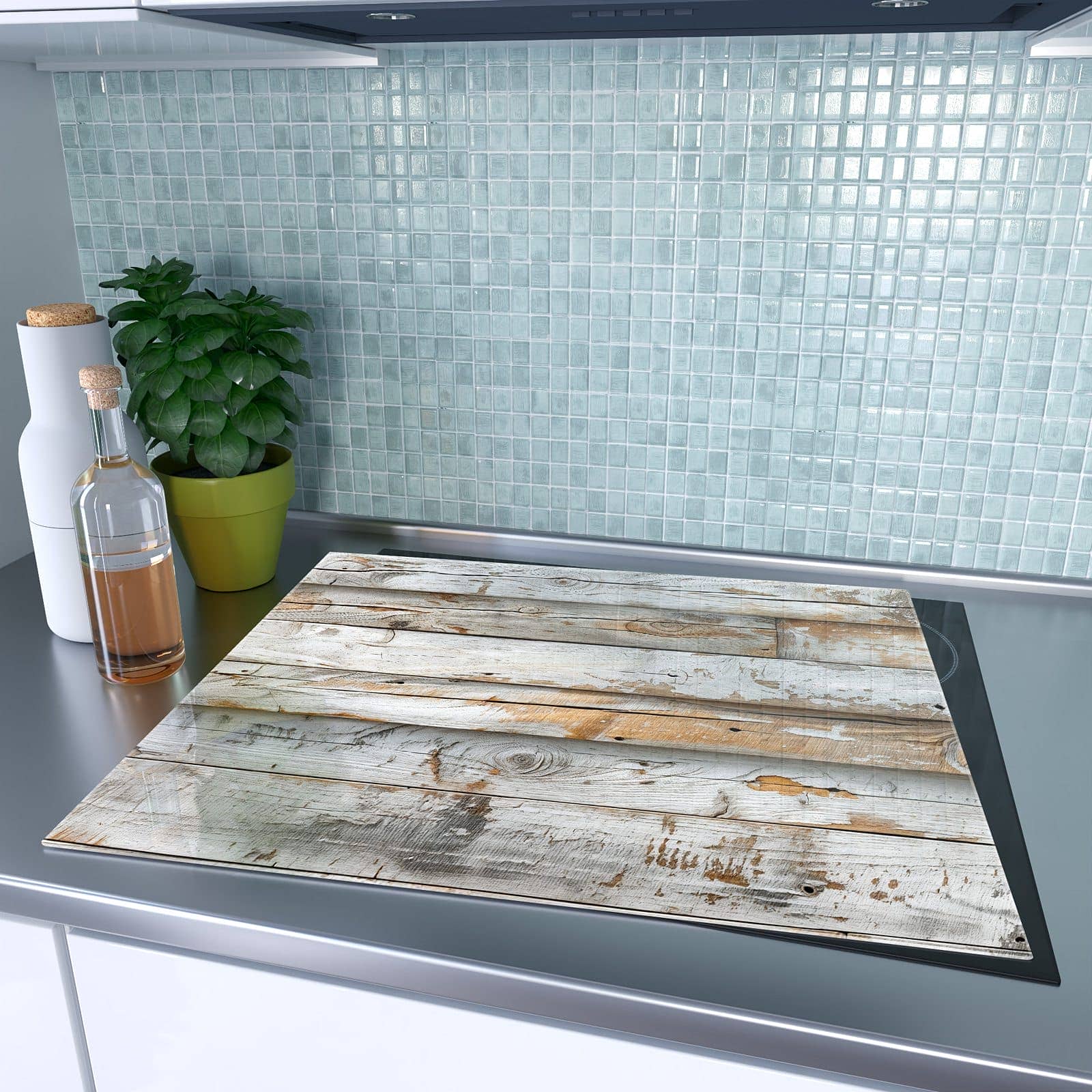1-teilige Herdabdeckplatte aus Glas mit Verwittertes Holz Brettpanel-Motiv auf dem Ceranfeld