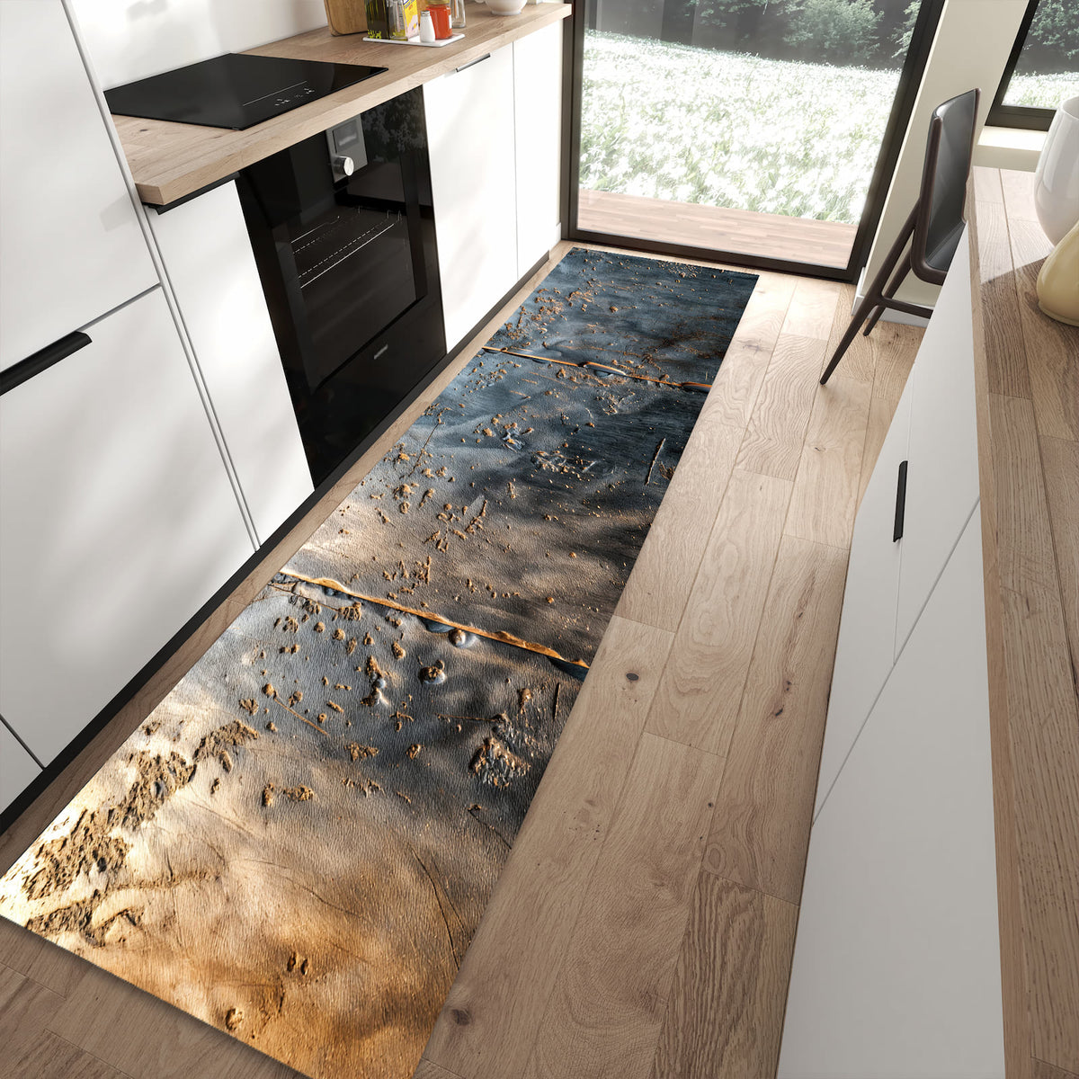 Strapazierfähiger Küchenteppich mit Motiv Metalltextur in moderner Küche