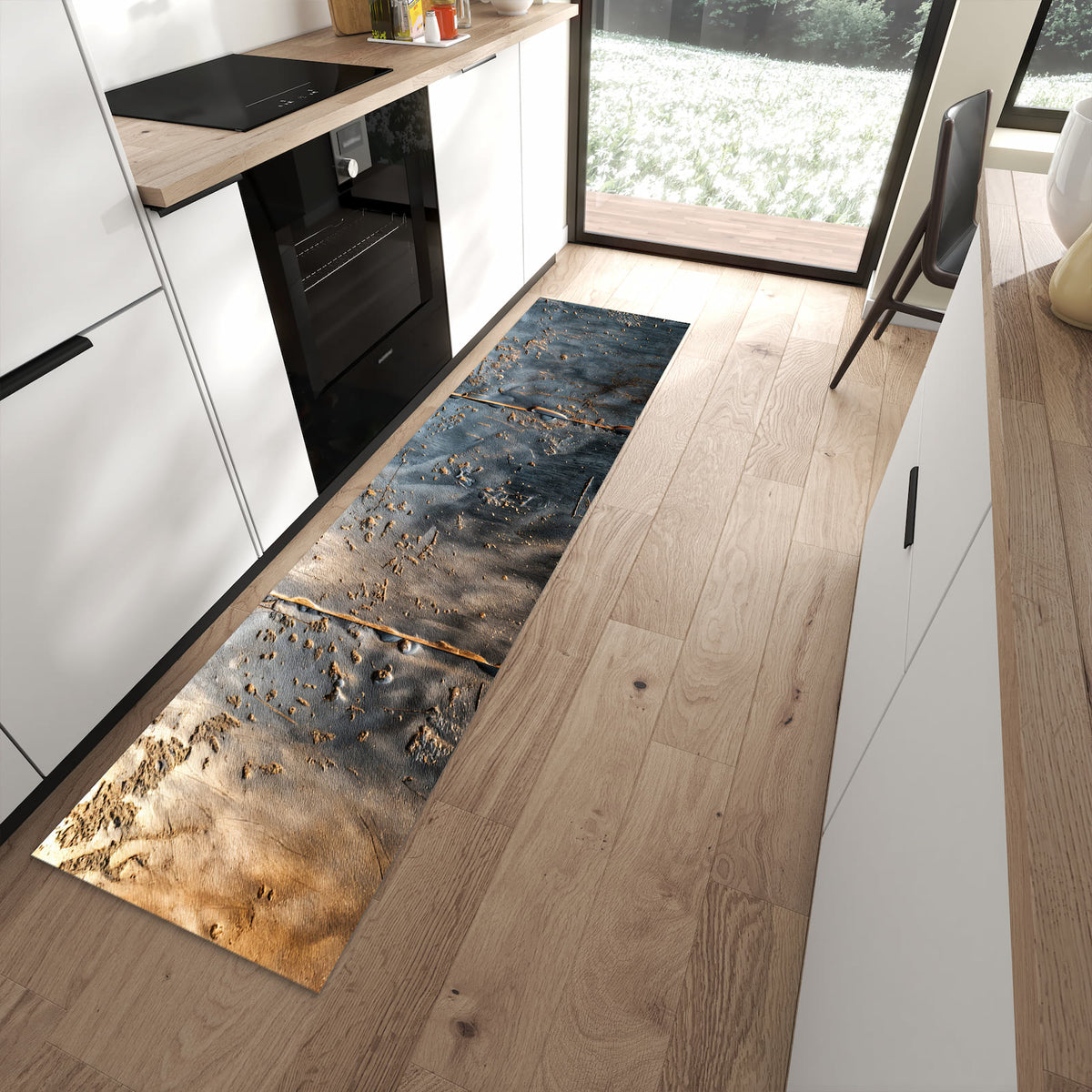 Geruchsneutraler Teppich in Küche mit Motiv Metalltextur in moderner Küche