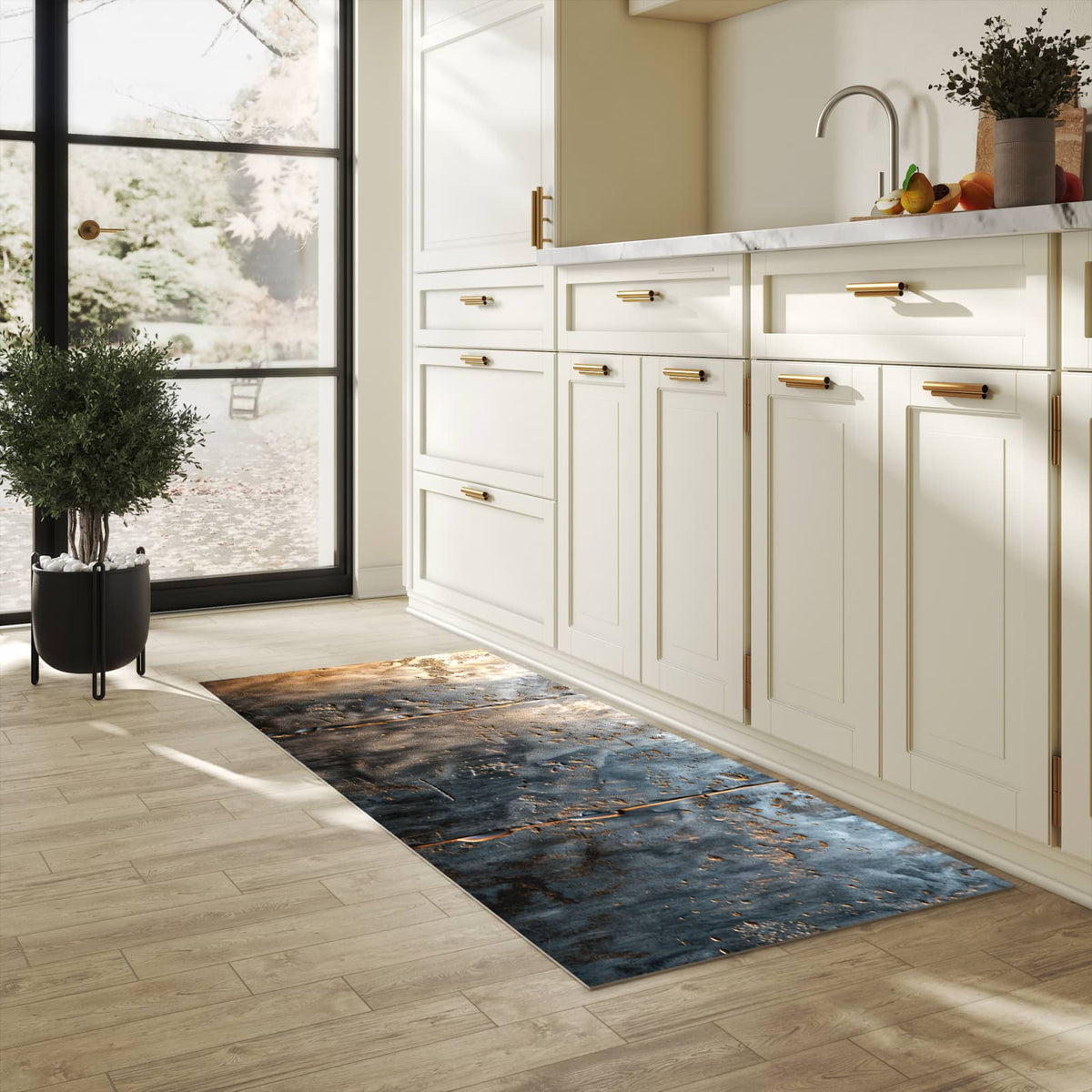 Waschbarer Küchenteppich mit Motiv Metalltextur in heller Küche