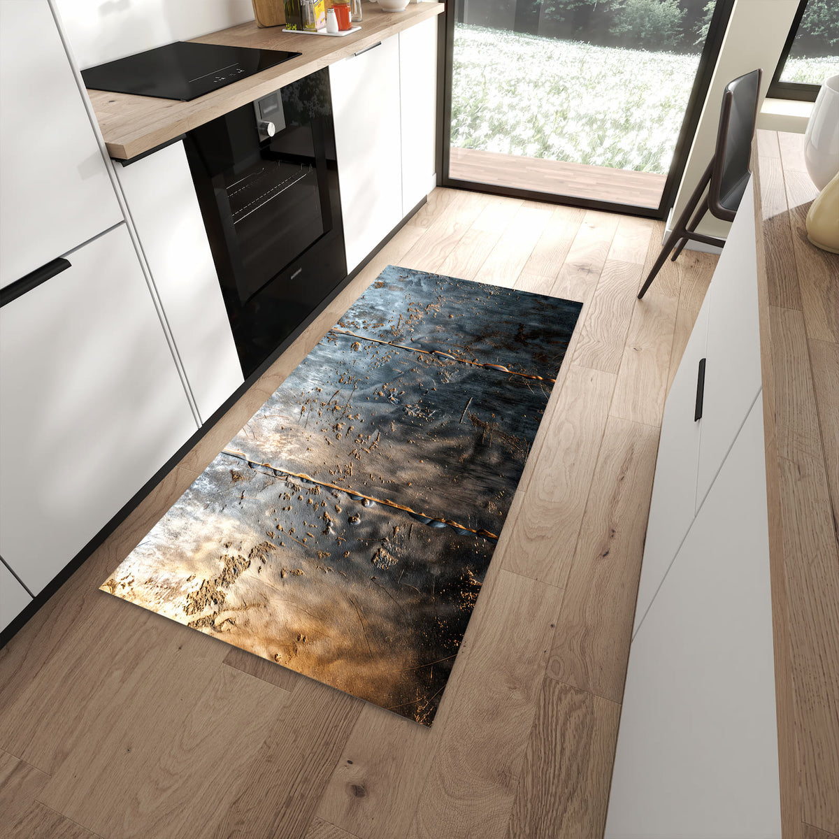 Waschbarer Küchenteppich mit Motiv Metalltextur in moderner Küche