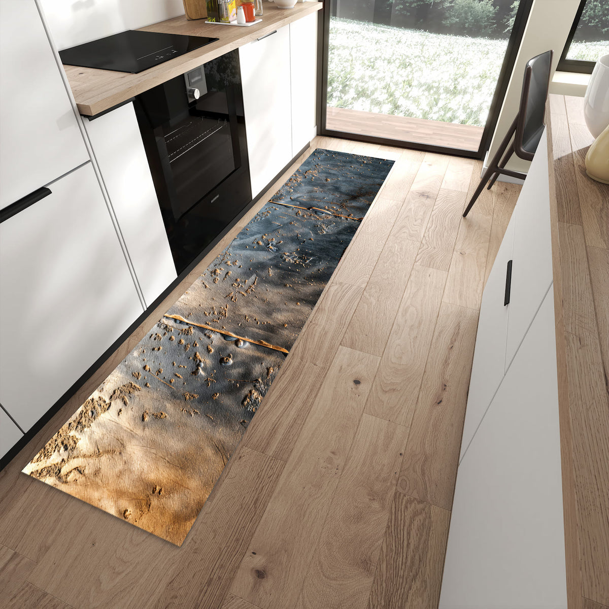 Langlebiger Küchenläufer mit Motiv Metalltextur in moderner Küche
