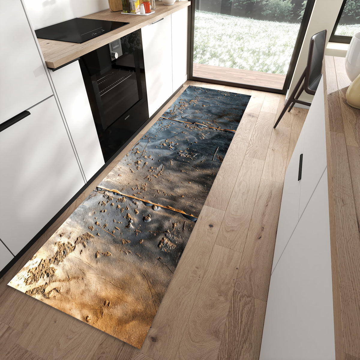 Hygienischer rutschfester Küchenteppich mit Motiv Metalltextur in moderner Küche