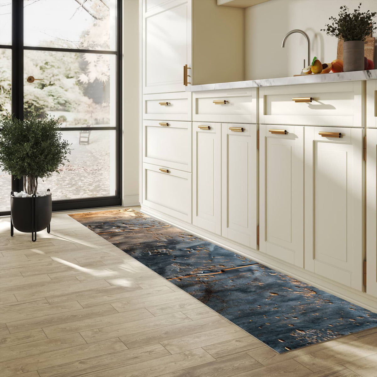 Hygienischer Küchenteppich mit Motiv Metalltextur in heller Küche