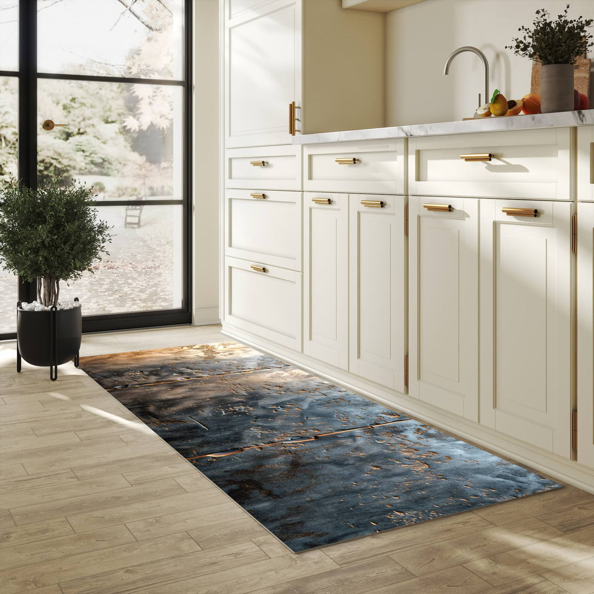 Läufer für die Küche mit Motiv Metalltextur in heller Küche für Ordnung