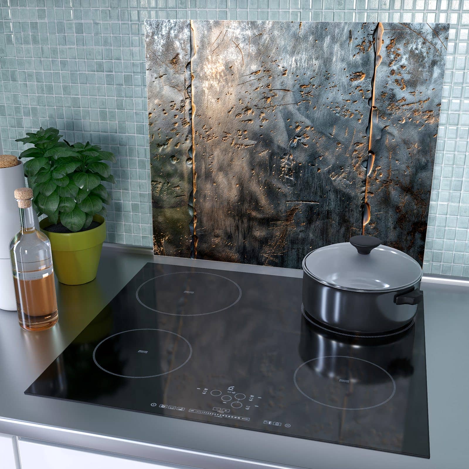 1-teilige Herdabdeckplatten mit Metalltextur-Motiv als Spritzschutz hinter dem Kochfeld