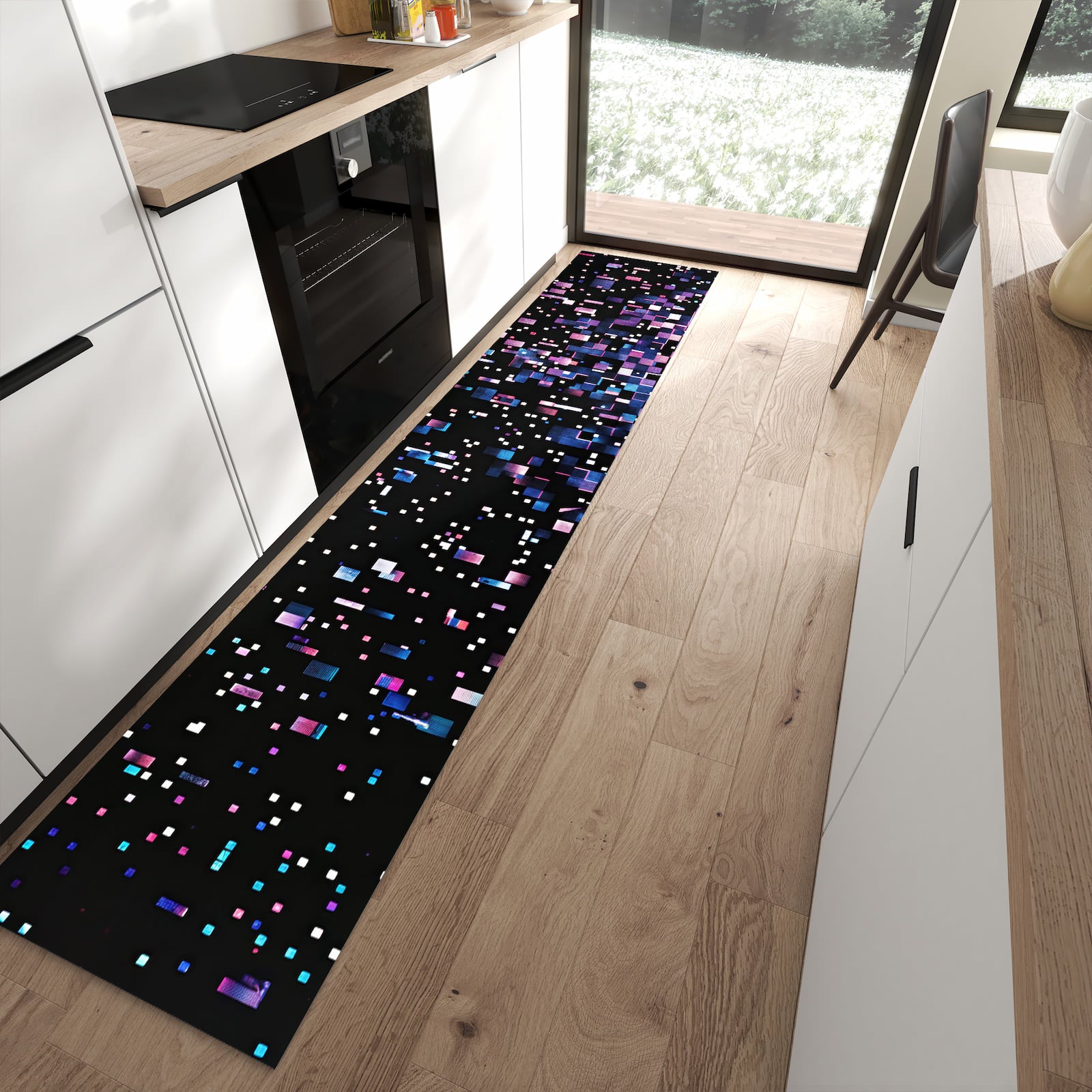 Farbbeständiger Küchenläufer mit Motiv Pixelmuster in moderner Küche zum Waschen