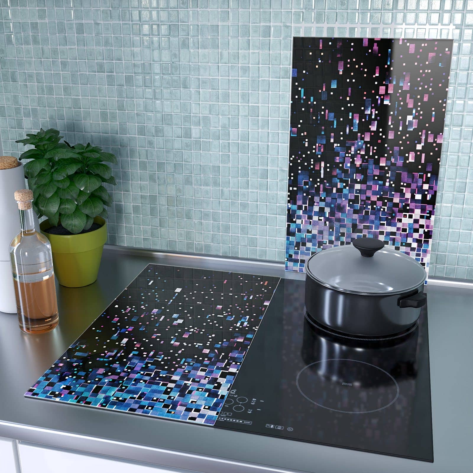 2-teilige Herdabdeckplatte aus Glas mit Pixelmuster-Motiv als Spritzschutz hinter dem Kochfeld