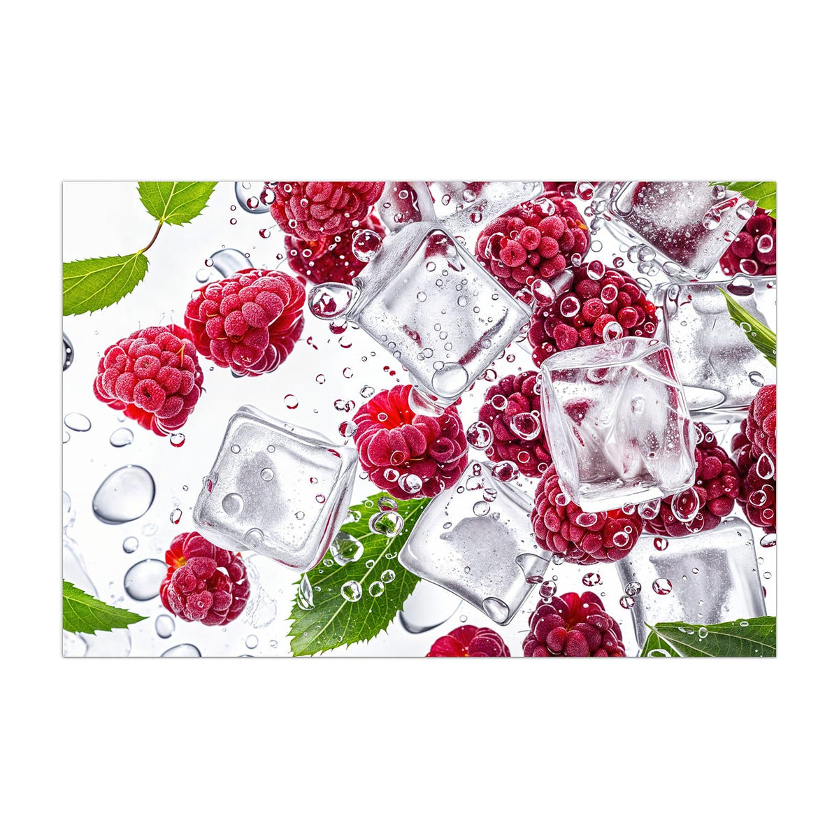 Küchenrückwand aus Glas Himbeeren im Eis im Hochformat, Motiv bildfüllend von vorn