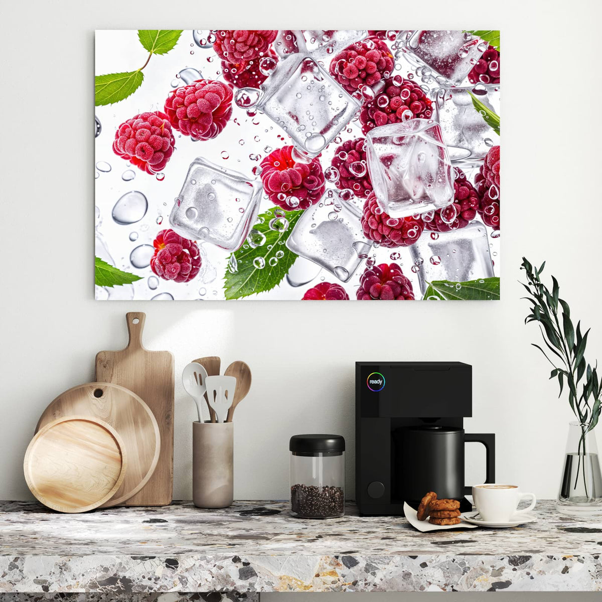 Metall Magnettafel - Himbeeren im Eis – Himbeeren zwischen Eiswürfeln