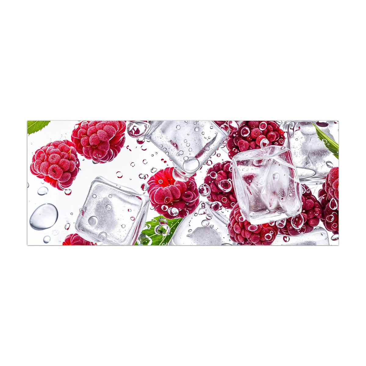 Küchenrückwand aus Glas Himbeeren im Eis im Hochformat, Motiv bildfüllend von vorn