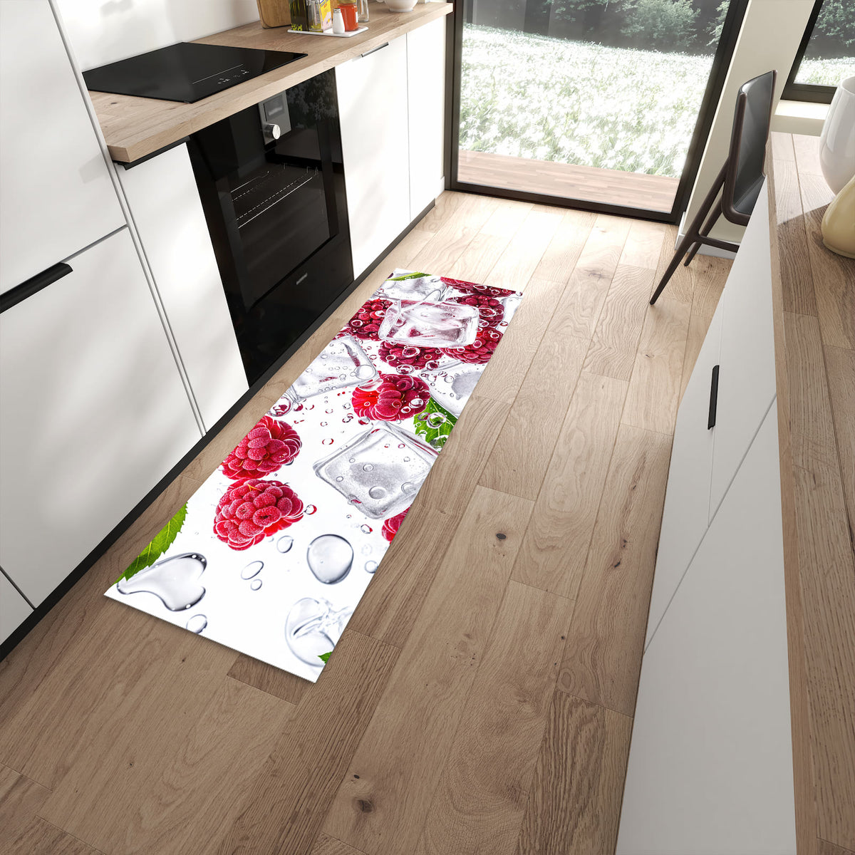 Langlebiger Küchenteppich mit Motiv Himbeereis in moderner Küche