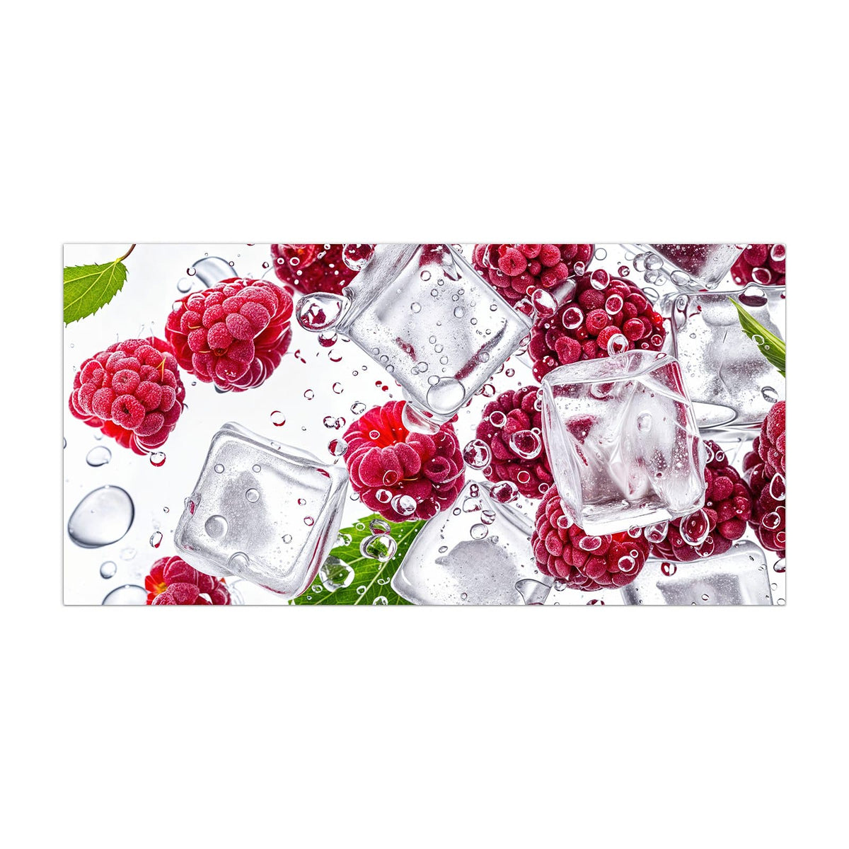 Küchenrückwand aus Glas Himbeeren im Eis im Hochformat, Motiv bildfüllend von vorn