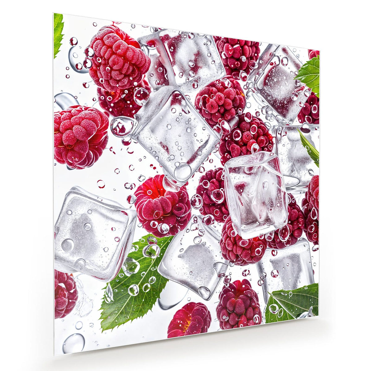 Frische Himbeeren zwischen klaren Eiswürfeln mit Wassertropfen und grünen Blättern