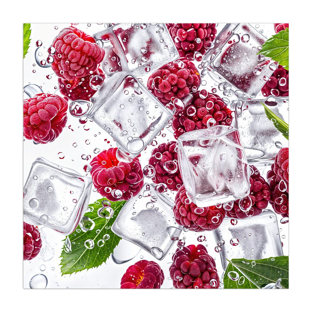 Küchenrückwand aus Glas Himbeeren im Eis im quadratischen Format, Motiv bildfüllend von vorn