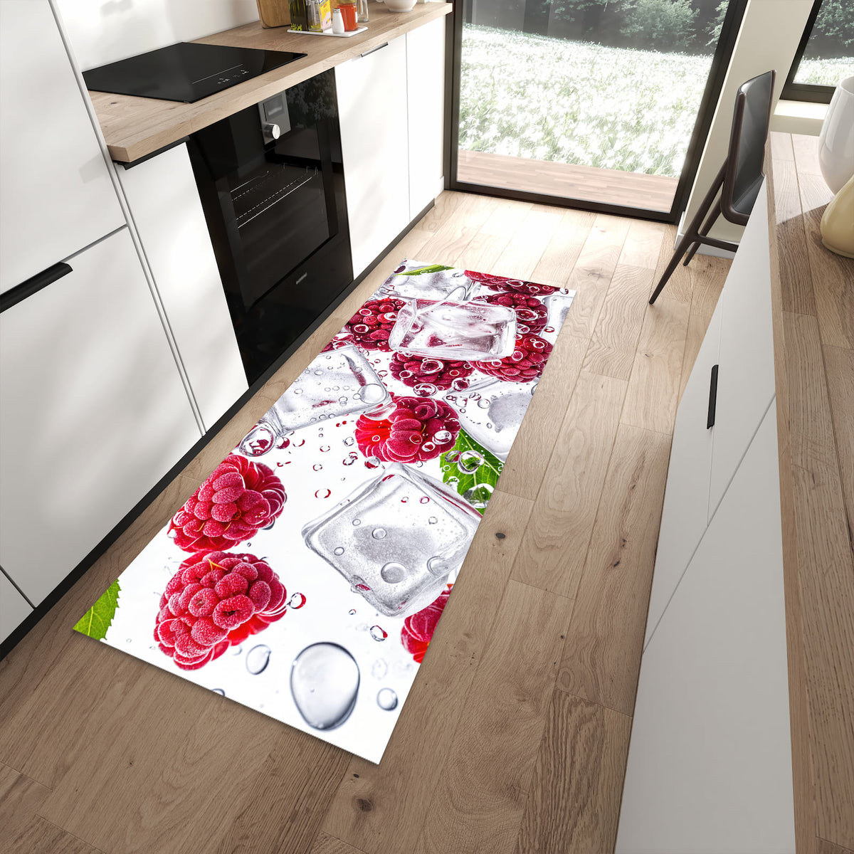 Waschbarer Küchenteppich mit Motiv Himbeereis in moderner Küche