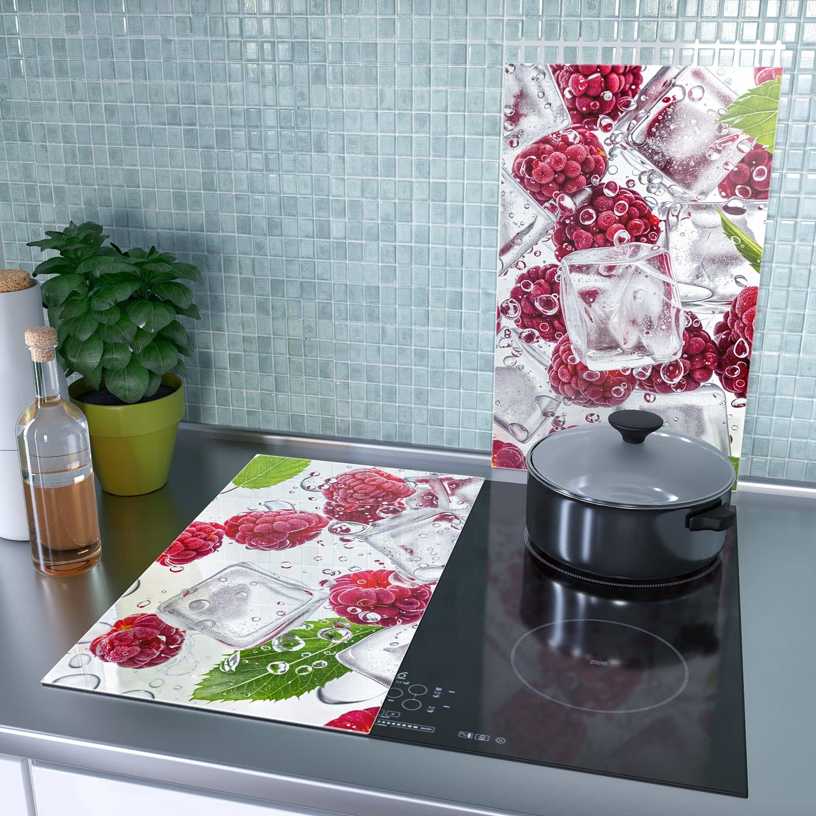 2-teilige Abdeckplatten für Herd mit Himbeereis-Motiv als Spritzschutz hinter dem Kochfeld