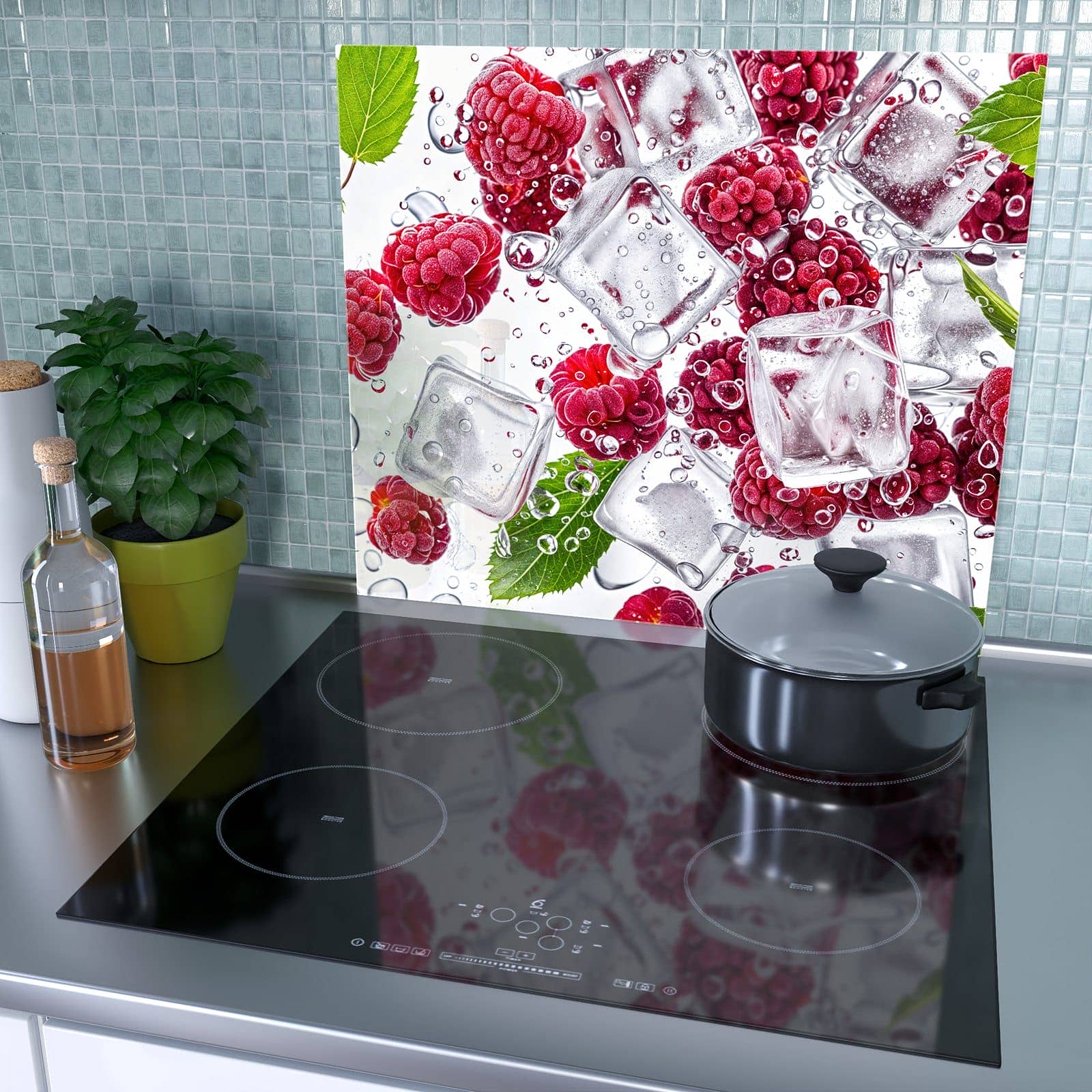 1-teilige Glasplatte für Herd mit Himbeereis-Motiv als Spritzschutz hinter dem Kochfeld