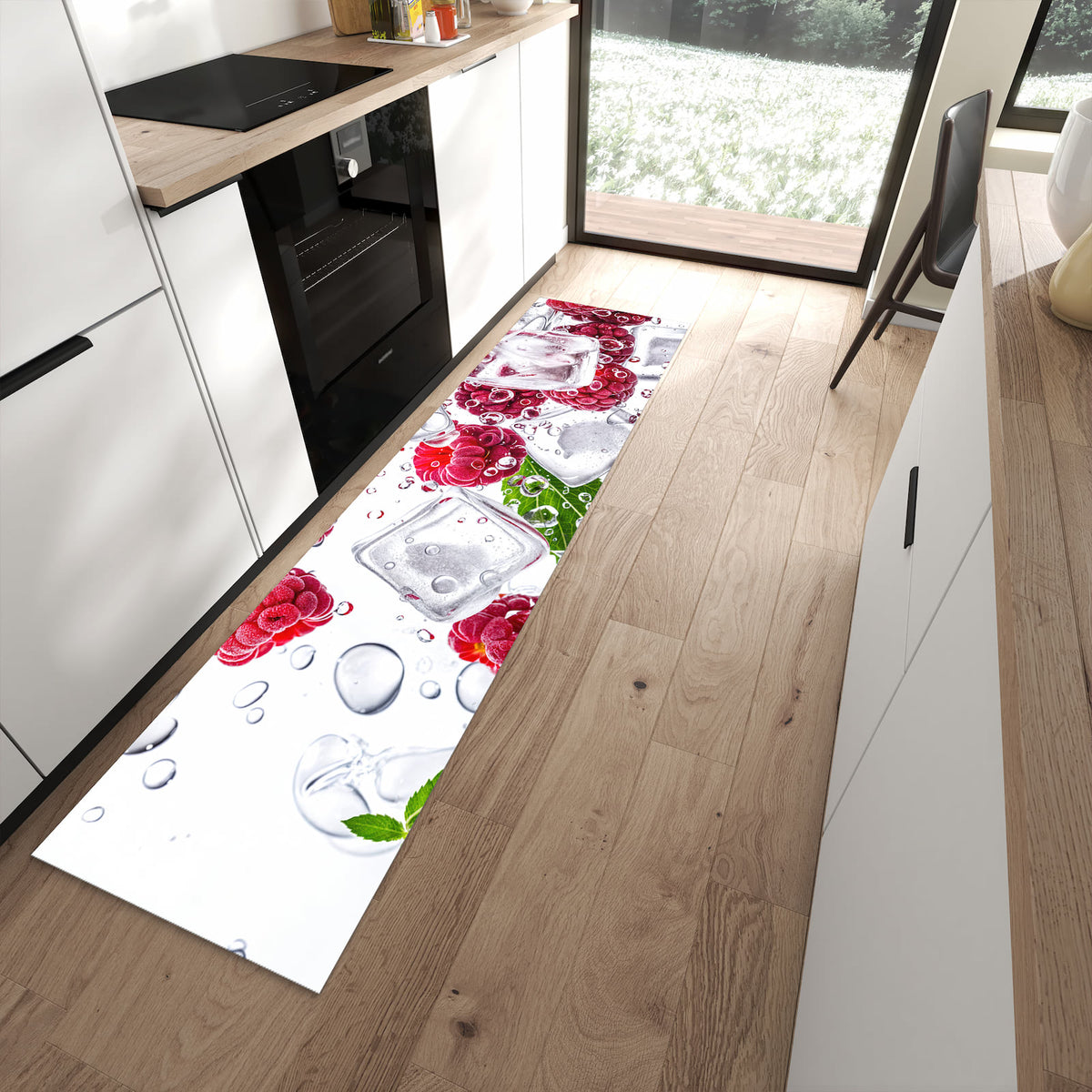 Flacher Küchenteppich mit Motiv Himbeereis in moderner Küche - waschbar
