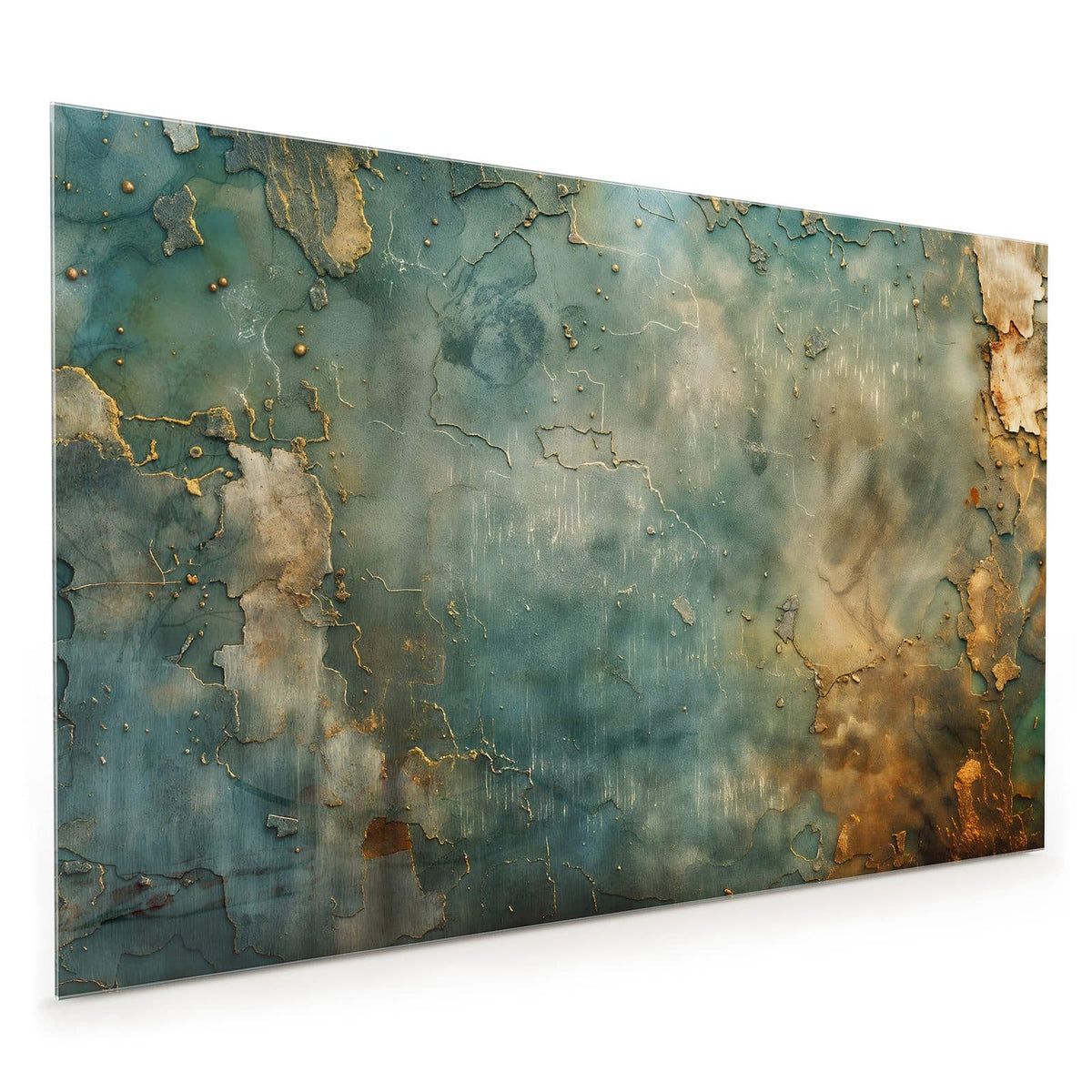 Küchenrückwand aus Glas im Hochformat: Petrol-türkise Wand mit goldgefüllten Rissen und rostbraunen Rändern