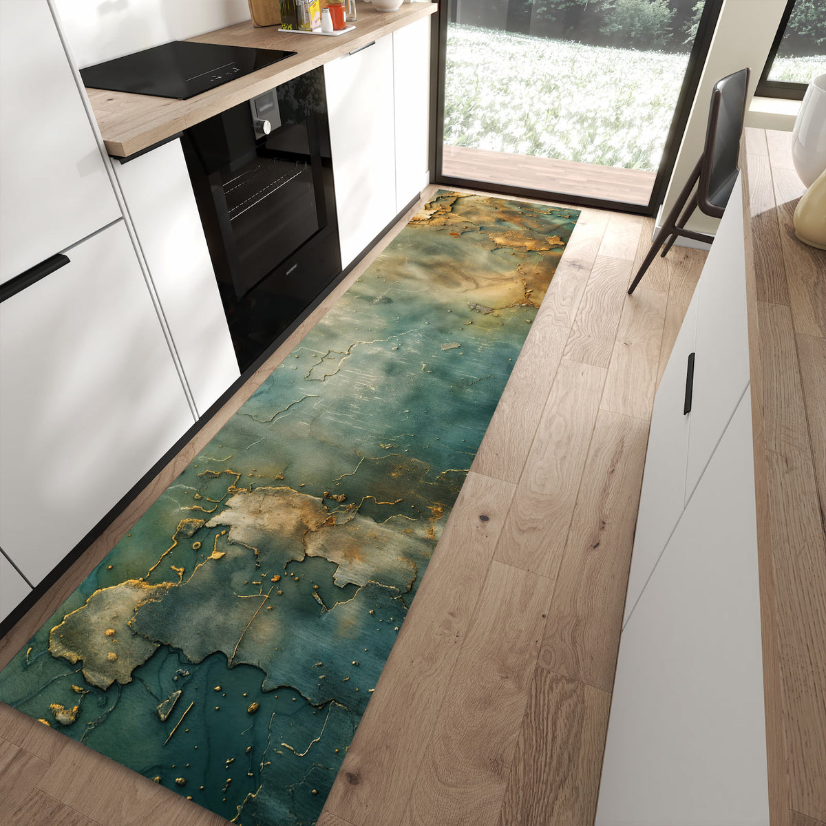 Komfortabler Bodenläufer-Teppich mit Motiv Gealterte Wand in moderner Küche