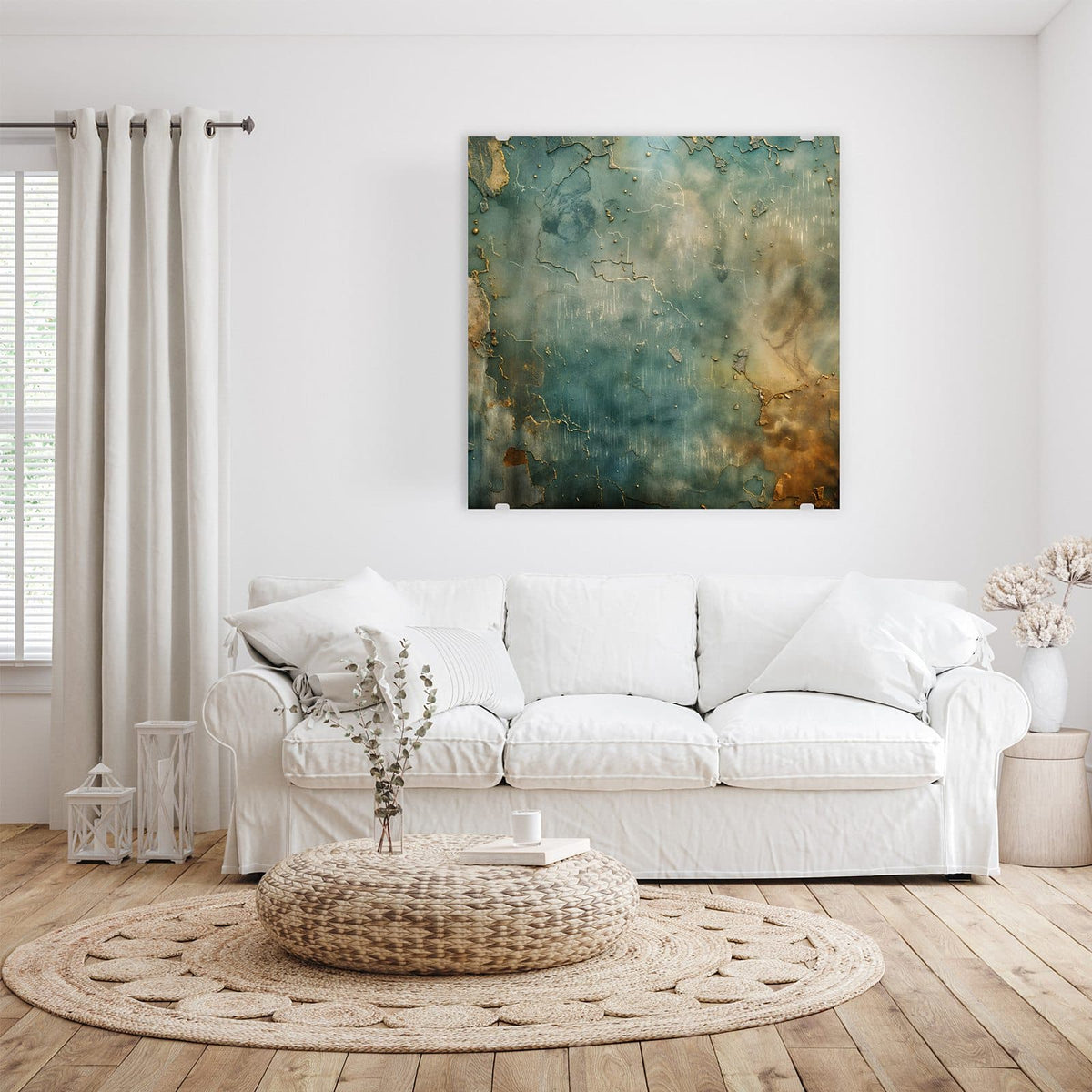 Glasbild Türkise Patina mit Gold an der Wand – Petrol-türkise Wand mit goldgefüllten Rissen und rostbraunen Rändern