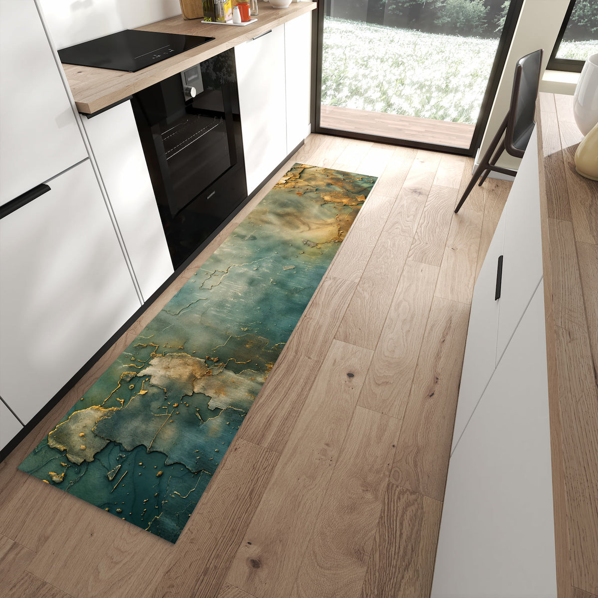 Farbbeständiger dünner Teppich mit Motiv Gealterte Wand in moderner Küche