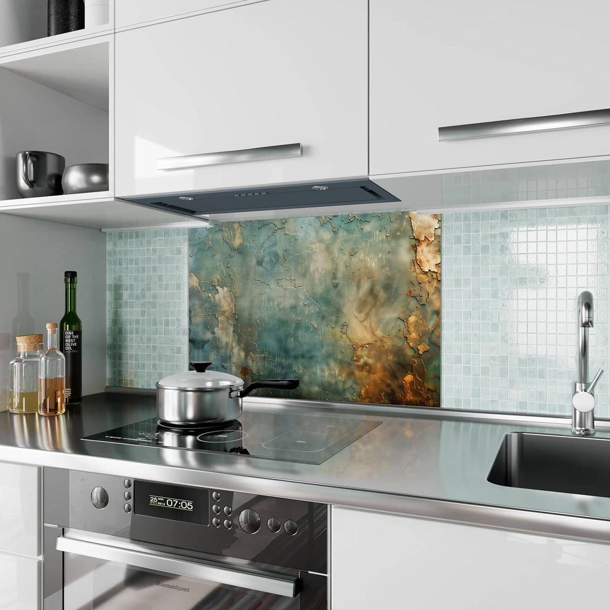 Küchenrückwand aus Glas Türkise Patina mit Gold im Hochformat als Spritzschutz hinter dem Kochfeld, über dem Fliesenspiegel montiert