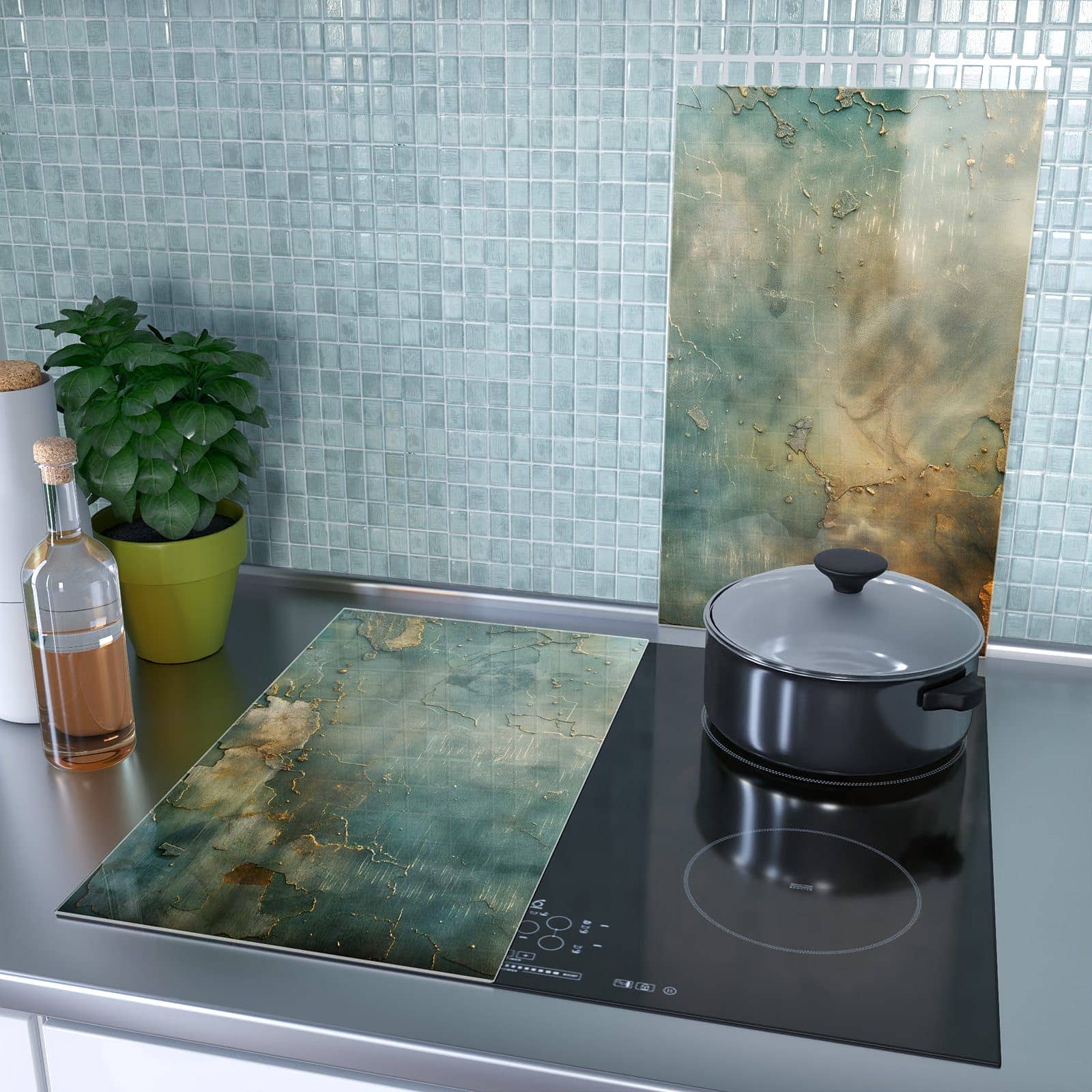 2-teilige Abdeckplatten Ceranfeld mit Gealterte Wand-Motiv als Spritzschutz hinter dem Kochfeld