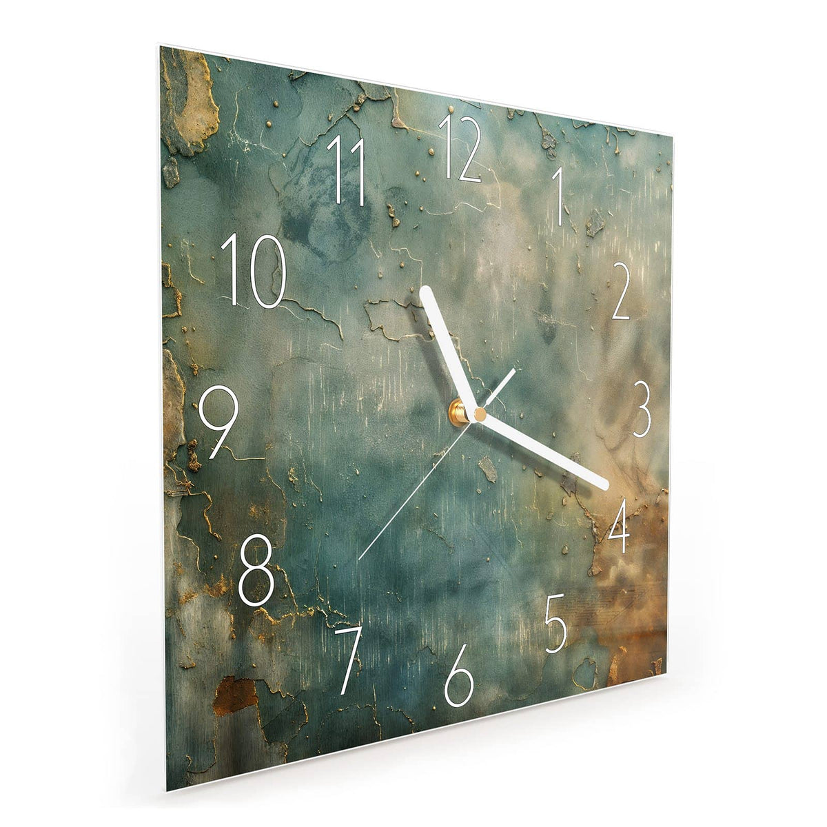 Quadratische Wanduhr aus Glas Türkise Patina mit Gold schräg von der Seite, 4 mm starkes Glas