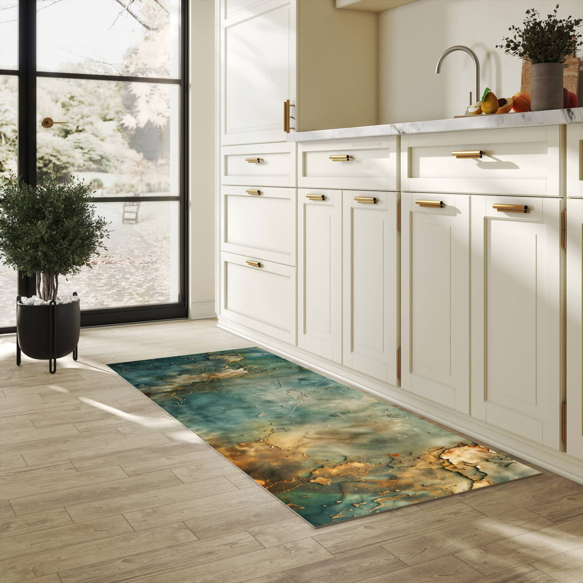 Schmutzabweisender waschbarer Küchenläufer mit Motiv Gealterte Wand in heller Küche