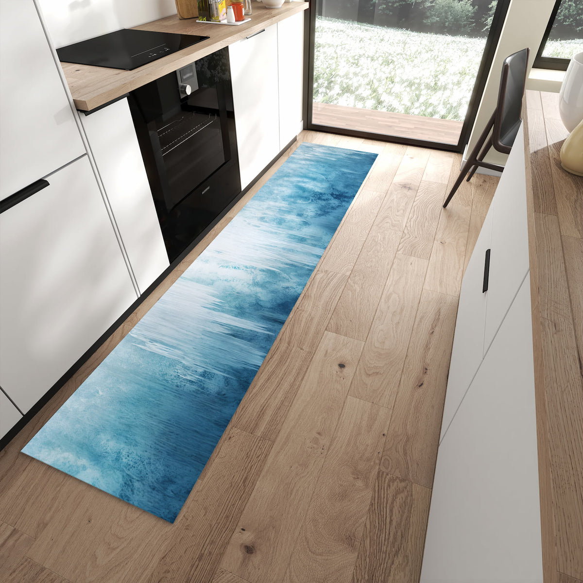 Rutschfester Küchenläufer mit Motiv Gefrorener Wasserfall in moderner Küche