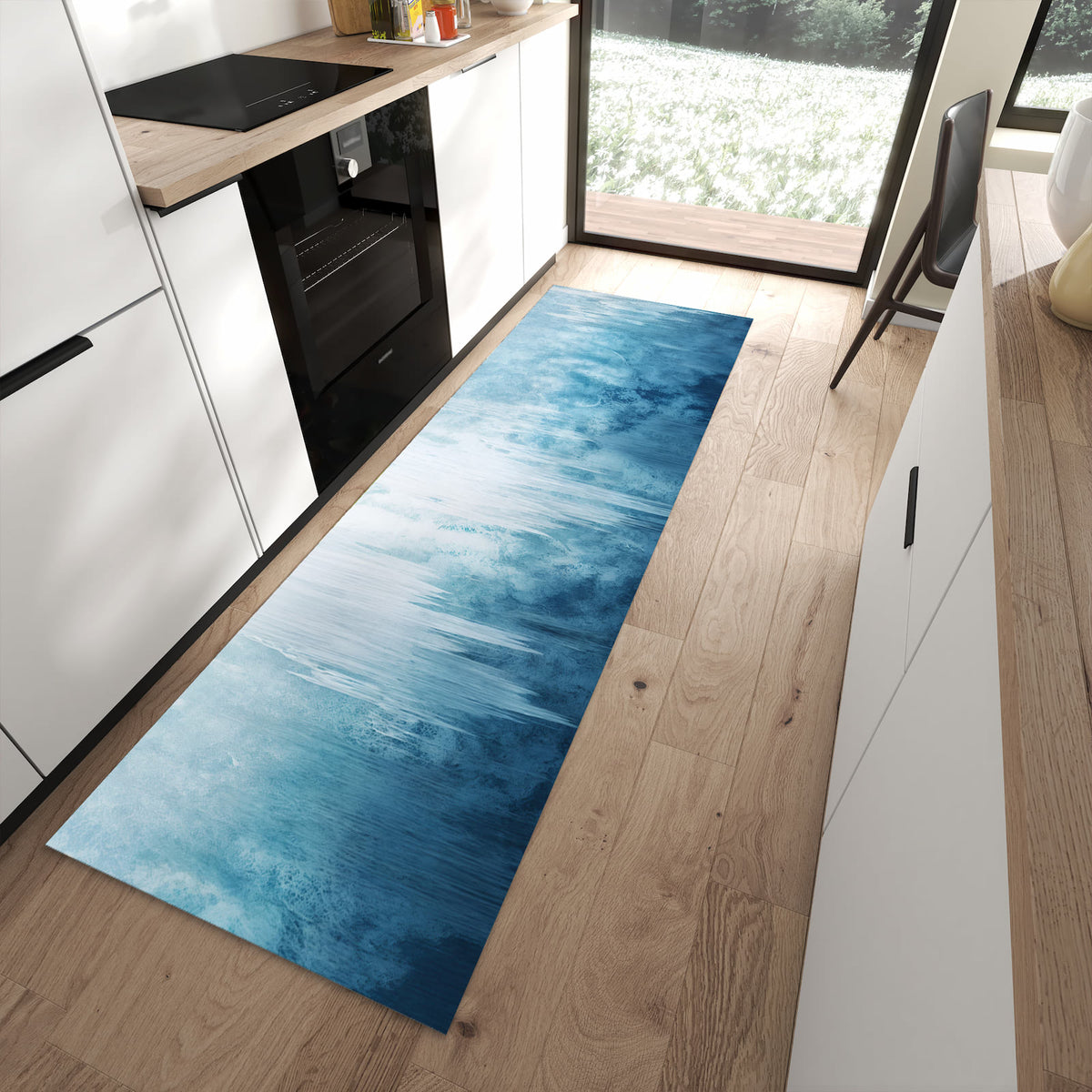 Strapazierfähiger Küchenläufer mit Motiv Gefrorener Wasserfall in moderner Küche