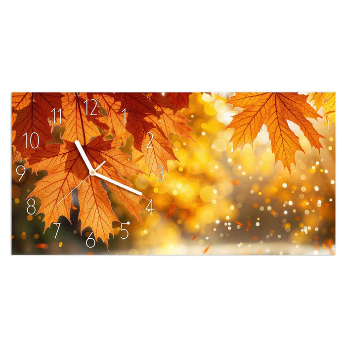 Wanduhr Sanfte Herbstblätter aus Glas – Querformat 60 × 30 cm mit Ziffernblatt Elegant