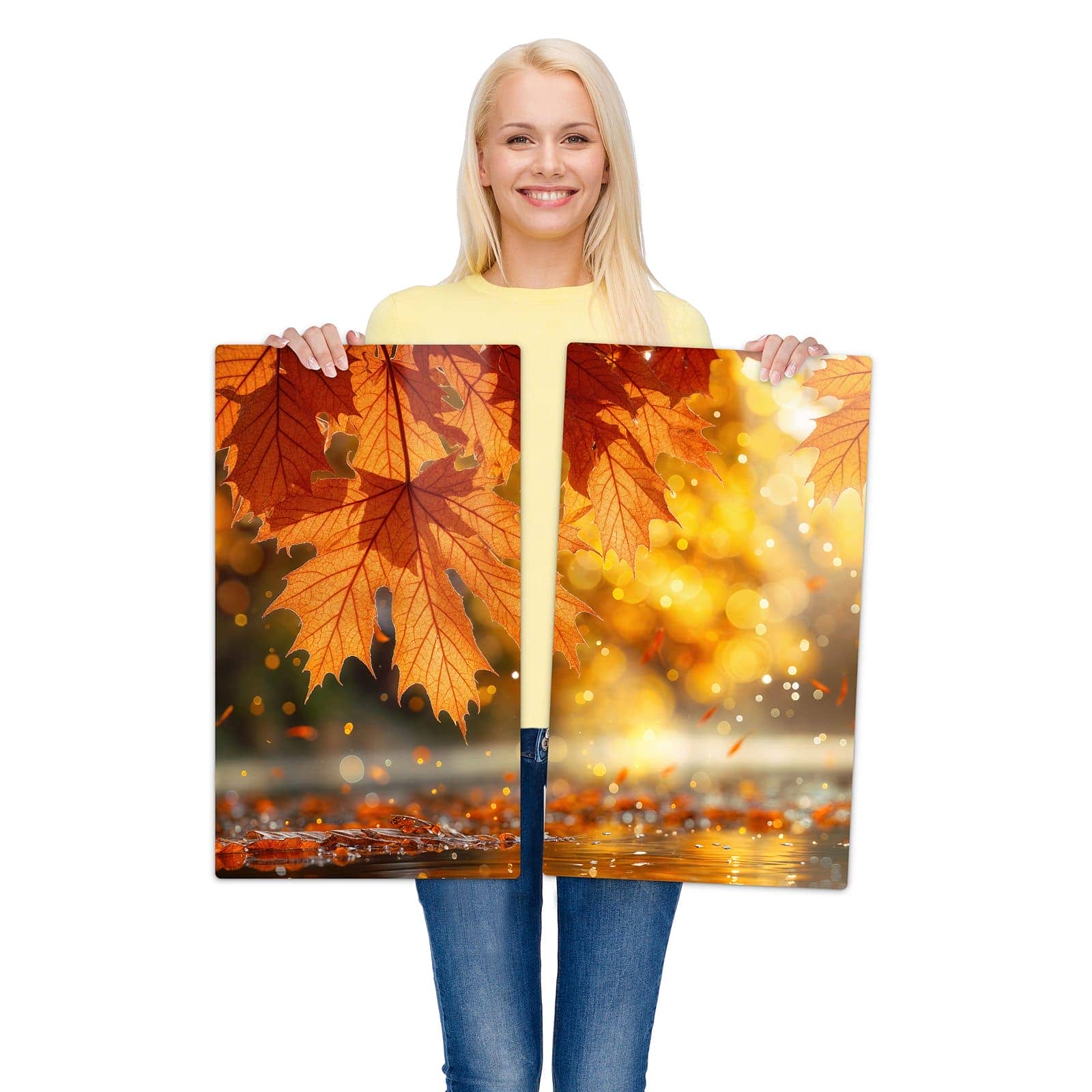 2-teilige Ceranfeld-Abdeckplatten mit Sanfte Herbstblätter-Motiv werden zur Größendarstellung gehalten