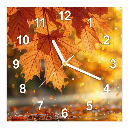 Wanduhr Quadratisch mit dem Motiv Orange Ahornblätter