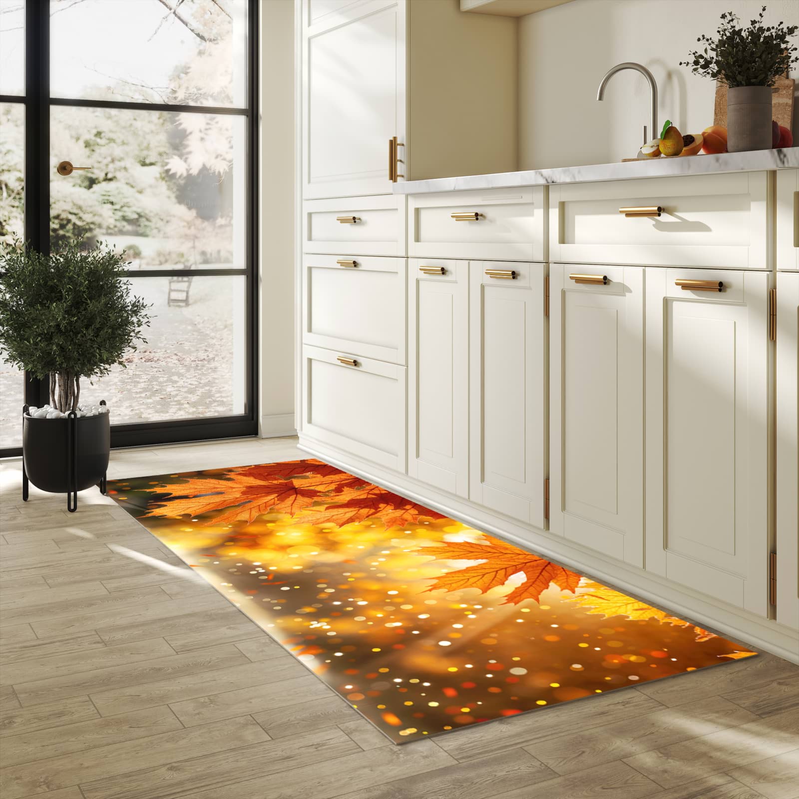 Langlebiger Küchenläufer mit Motiv Sanfte Herbstblätter in heller Küche