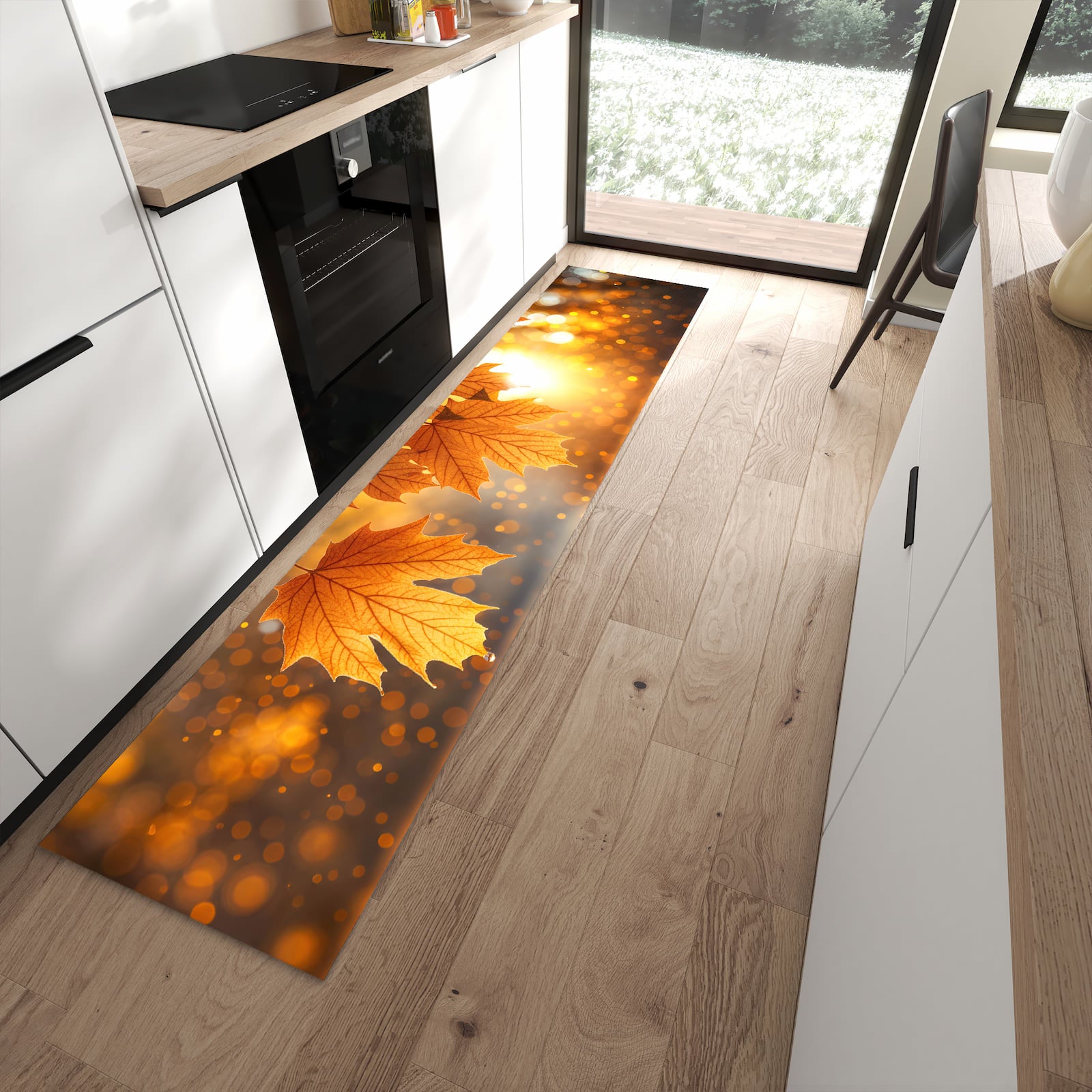 Zeitsparender moderner Küchenläufer mit Motiv Blätter von Herbstliche in moderner Küche